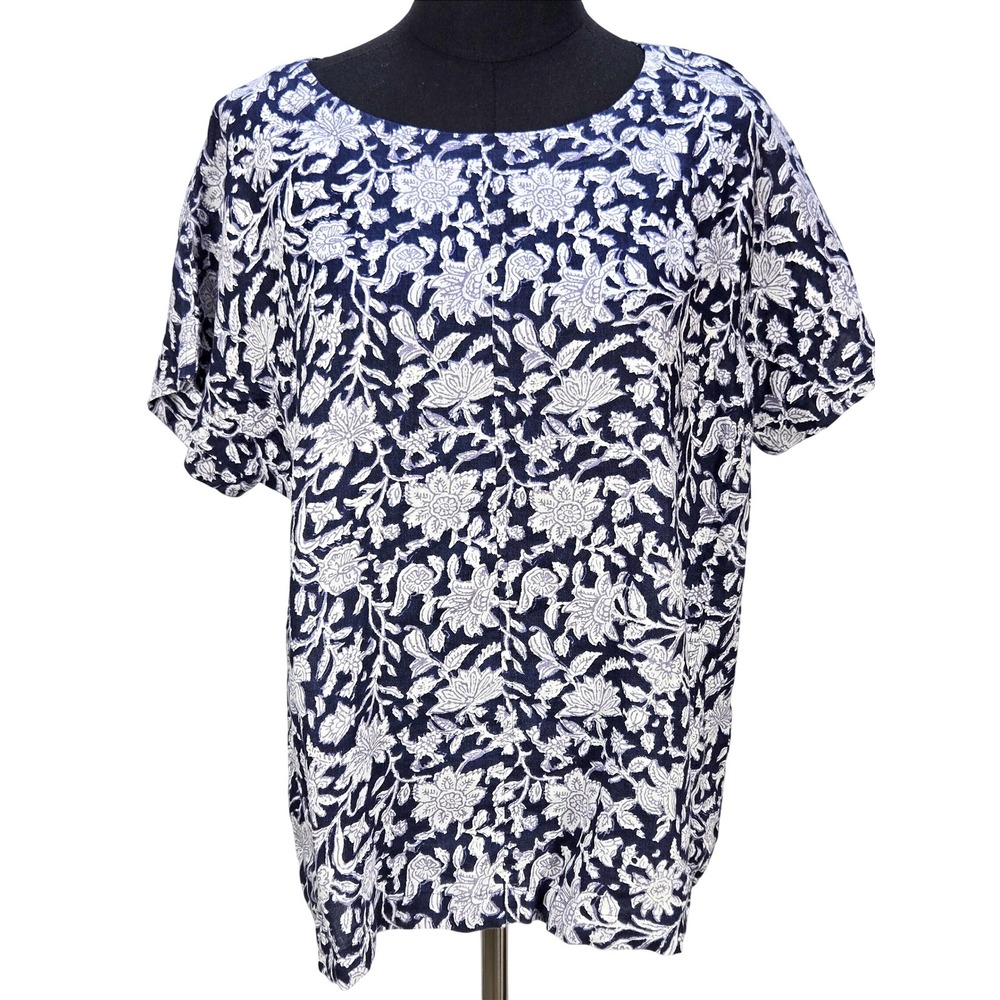 Women's J. Jill Small 100% Linen Oversize Navy Floral Tunic Coastal Resort